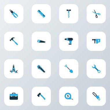 Araçlar simgeler çok aracı, toolbox, kürek ve diğer anahtar öğeleri kümesi renkte. İzole vektör çizim araçları simgeler.