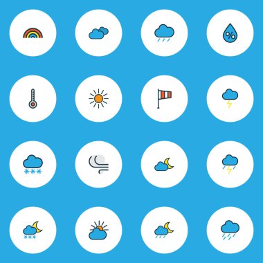 İklim simgeler güneş ışığı ile yağmur, ay ışığı ve diğer öğeleri dondurma sonra hava ayarla satır renkte. İzole vektör çizim iklim simgeler.