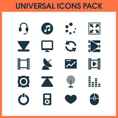 Multimedya simgeler tanıtımı, bilgisayar faresi, video ve diğer multimedya öğeleri ile ayarlayın. İzole vektör çizim Multimedya simgeler.