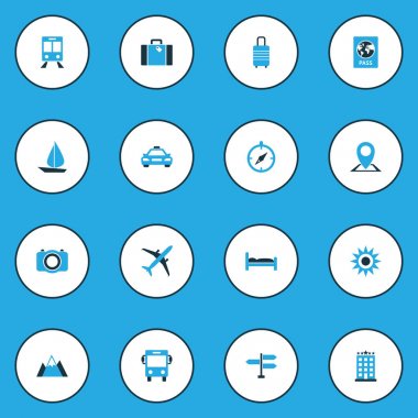 Keşif simgeler kimlik belgesi, demiryolu taşıma, güneşli ve diğer yatak öğeleri kümesi renkte. İzole vektör illüstrasyon keşif simgeler.