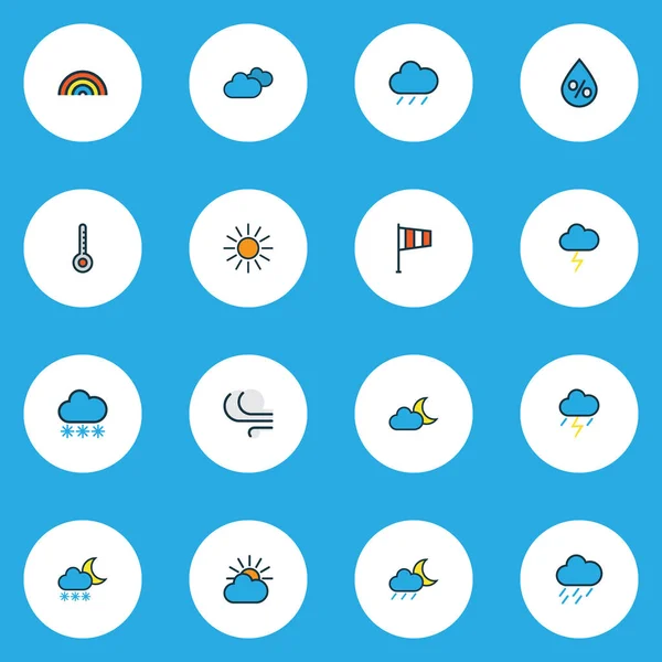 Clima icone linea colorata impostata con la luce del sole, tempo dopo la pioggia, raggio di luna e altri elementi di congelamento. Isolato vettore illustrazione icone climatiche . — Vettoriale Stock