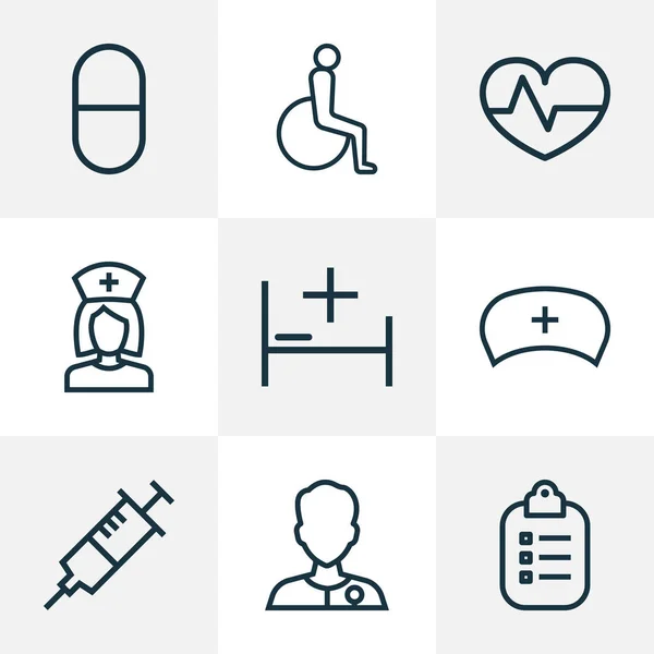 Drogen ikoner linje stil set med säng, sjuksköterska cap, injektion och andra puls element. Isolerade vektor illustration drog ikoner. — Stock vektor