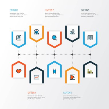 Müzik simgeleri renkli çizgi ile web kamerası, pause, uygulama ve diğer grafik öğelerini ayarlayın. İzole vektör illüstrasyon müzik simgeleri.
