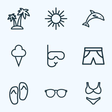 Güneş simgeler stil bikini, Yunus, tatlılar ve güneşli diğer öğeleri kümesi satır. İzole vektör çizim güneş simgeler.
