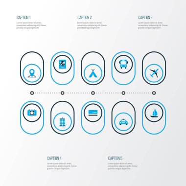 Yolculuk simgeler kümesi, kimlik belgesi, autobus ve diğer harita PIN öğeleri beş yıldız inşaat ile renkli. İzole vektör çizim yolculuk simgeler.