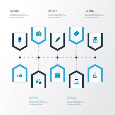 Tıp simgeler kümesi tıp, granül, termometre ve diğer hastane öğeleri ile renkli. İzole vektör çizim tıp simgeler.