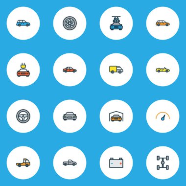 Otomatik simgeler renkli çizgi Carwash, sedan, Dingil mesafesi ve diğer spor öğeleri ile ayarla. İzole vektör çizim otomatik simgeler.