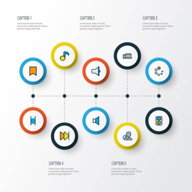 Multimedya simgeler, nota, Gadget'ı ve ileri diğer öğeleri yükleme ile ayarla satır renkte. İzole vektör çizim Multimedya simgeler.