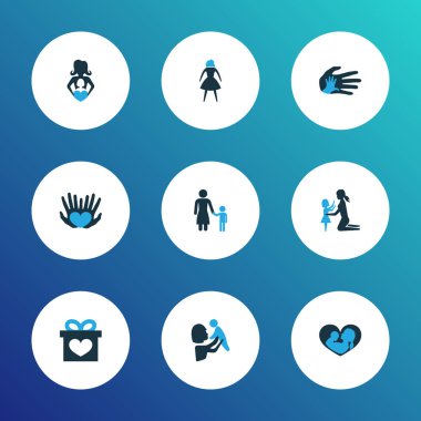 Anneler günü simgesi renkli tasarım konsepti. Dadı, Bebek ve kızı 9 gibi öğeleri kümesi. Anne, Bebek ve kadın için güzel sembolleri.