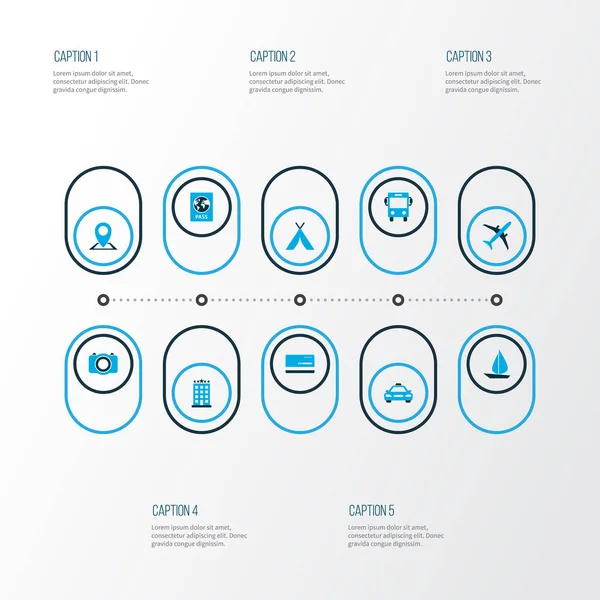 Yolculuk simgeler kümesi, kimlik belgesi, autobus ve diğer harita PIN öğeleri beş yıldız inşaat ile renkli. İzole vektör çizim yolculuk simgeler.