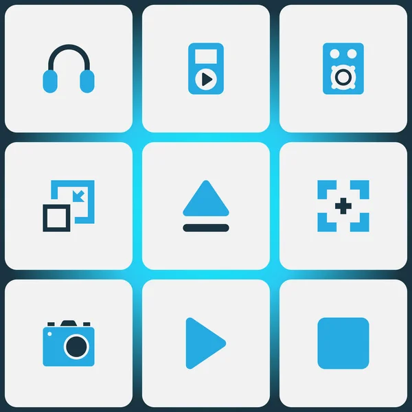 Media iconen set met hoofdtelefoon, gekleurde minimaliseren, stop en andere elementen om te beginnen. Geïsoleerde vector illustratie media iconen. — Stockvector