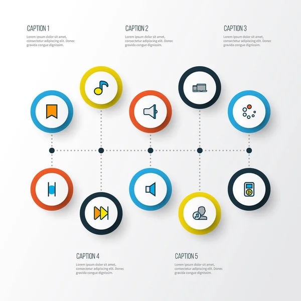 Multimedya simgeler, nota, Gadget'ı ve ileri diğer öğeleri yükleme ile ayarla satır renkte. İzole vektör çizim Multimedya simgeler.