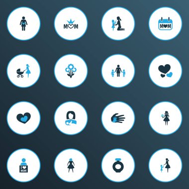 Anneler günü simgesi renkli tasarım konsepti. Bebek arabası, kadın 16 gibi öğeleri kümesi ve korumak. Kadın, anne ve aşk için güzel sembolleri.