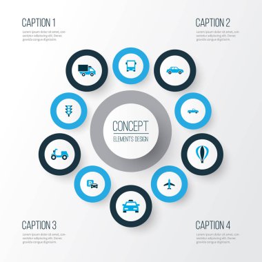 Sevk irsaliyesi simgeler kümesi taksi, otobüs, uçak ve diğer uçak elemanları ile renkli. İzole vektör çizim sevk irsaliyesi simgeler.