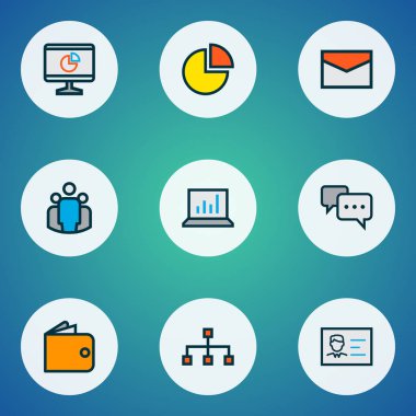 Ticaret simgeler renkli çizgi ile bar diyagramı, birlik, pasta grafiği ve diğer ileti öğeleri ayarlayın. İzole vektör çizim ticaret simgeler.