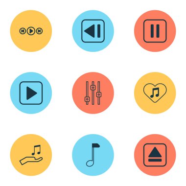 Müzik simgeleri Duraklat müzik, ekolayzer, önceki müzik ve diğer sessiz şarkı öğeleri ile ayarlayın. İzole vektör illüstrasyon müzik simgeleri.