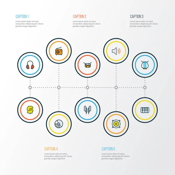 Icônes audio ligne colorée réglée avec niveau de musique, fanatique, radio et autres éléments de jeu. Illustration vectorielle isolée icônes audio . — Image vectorielle