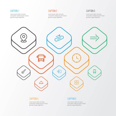 Yön simgeler hattı tren, şekilde, adımları ile ayarlanan stil ve diğer autobus öğeleri. İzole vektör çizim yönünü simgeler.