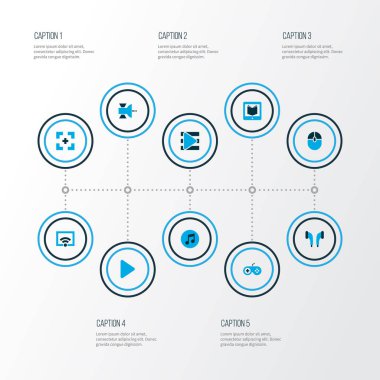 Müzik simgeler kümesi Wi-Fi, çalma listesi, joystick ve diğer e-okuyucu öğeleri renkli. İzole vektör illüstrasyon müzik simgeleri.