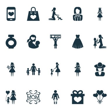 Anneler günü simgesi tasarım konsepti. 20 gibi korumak, duyuru ve balon gibi öğeleri ayarlayın. Anne, Bebek ve kalp için güzel sembolleri.