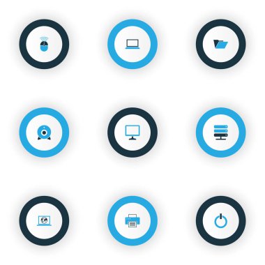 Bilgisayar simgeler kümesi sunucu ile renkli Başlat düğmesini, internet ve diğer kontrol elemanları. İzole vektör çizim bilgisayar simgeler.