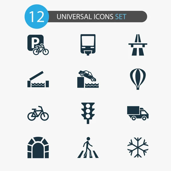 Verzending pictogrammen instellen met stoplicht, monorail, luchtballon en andere parkeergelegenheid voor fiets elementen. Geïsoleerde vector illustratie verzending pictogrammen. — Stockvector