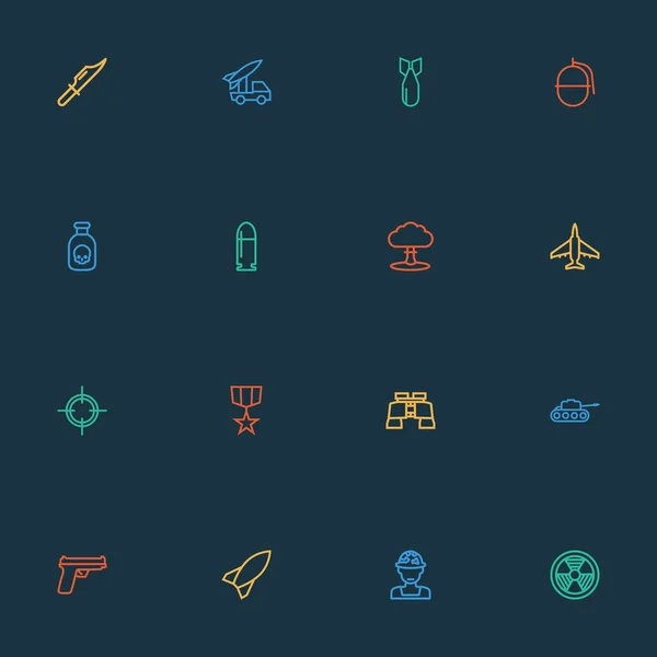 Kampfsymbole linieren den Stil mit Bombe, Scharfschützen, Gift und anderen Zielelementen. isolierte Vektor Illustration Schlacht Symbole. — Stockvektor