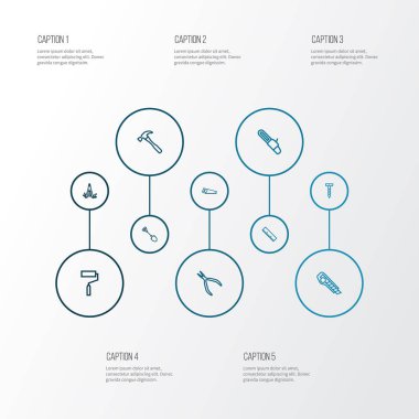 Araçlar simgeler stil rulo fırça ile kümesi satır, yeni bıçak, cıvata ve diğer pense öğeleri yuvarlak. İzole vektör çizim araçları simgeler.