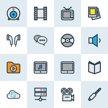 Müzik simgeleri renkli çizgi ile fotoğraf makinesi, web kamerası, vinil ve diğer avuçiçi öğeleri ayarlayın. İzole vektör illüstrasyon müzik simgeleri.