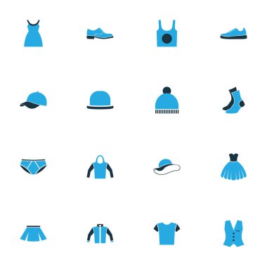 Bluz, ponpon, elbise ve diğer yelek öğeleri kümesiyle renkli elbise simgeler. İzole vektör çizim elbise simgeler.