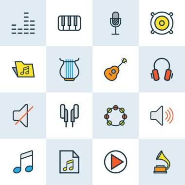 Multimedya simgeler renkli çizgi notları, hoparlör, soundtrack ve diğer tef ile öğeleri ayarlayın. İzole illüstrasyon Multimedya simgeler.