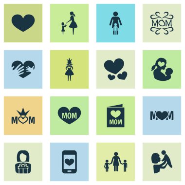 Anneler günü simgesi tasarım konsepti. 16 tane gibi öğeleri anne, ruh ayarla ve koru. Kalp, anne ve aşk için güzel sembolleri.