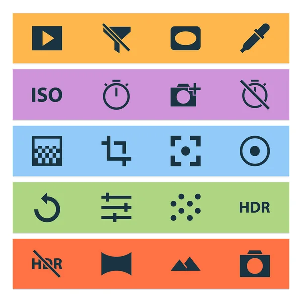 Photo icons set with photographing, pattern, tune and other filtration elements. Isolated  illustration photo icons.
