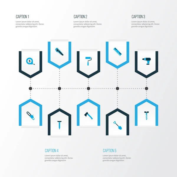 농업용 손톱, 테이프 측정, 삽과 다른 미터 요소 아이콘 색된 집합입니다. 고립 된 그림 농업용 아이콘. — 스톡 사진