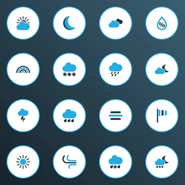 Wettersymbole farbig gesetzt mit Wind, Mond, Brise und anderen Elementen des kalten Wetters. isolierte Abbildung Wettersymbole. — Stockfoto