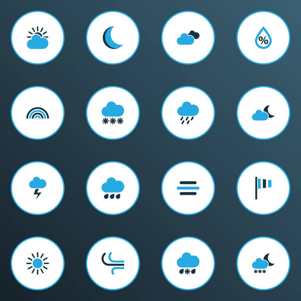 Цветные иконки погоды с ветром, луной, бризом и другими элементами холодной погоды. Изолированные иконки погоды
.