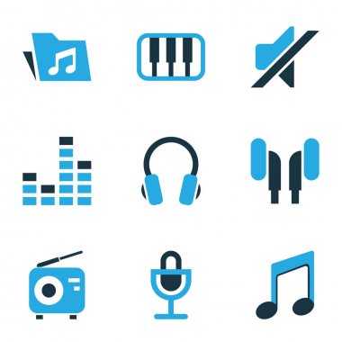 Ses simge seti tuner, müzik, kulaklık ve diğer Mikser öğeleri ile renkli. İzole vektör çizim ses simgeler.