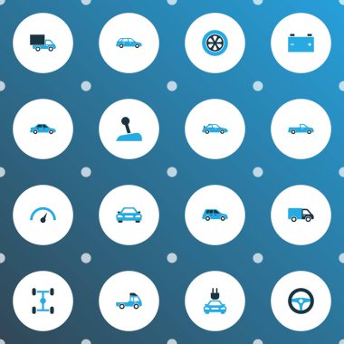 Otomobil simgeler kümesi Chronometre, crossover, sopa ve diğer vites kolu öğeleri ile renkli. İzole vektör çizim otomobil simgeler.