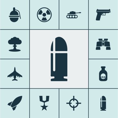 Ordu Icons set ile el bombası, keskin nişancı, roket ve diğer hedef öğeleri ile. İzole vektör çizim ordu simgeler.