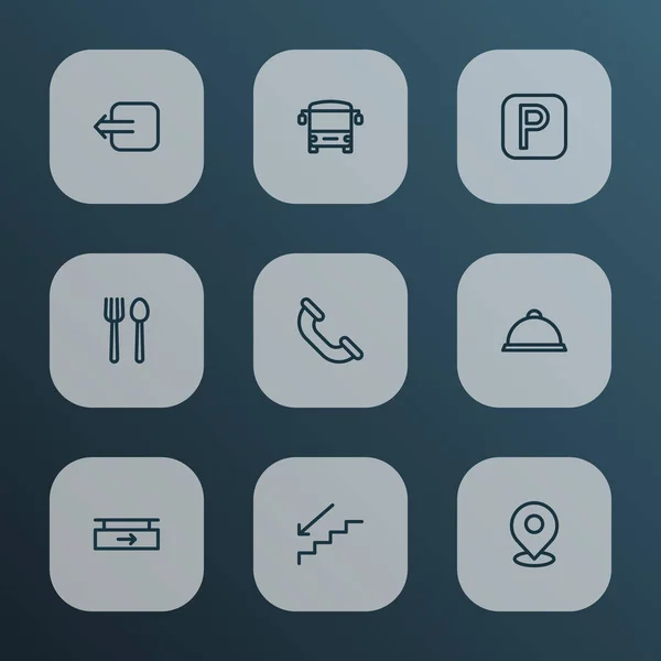 Richtung Symbole Linie Stil-Set mit Parkschild, Restaurant, Tablett und andere Café-Elemente. isolierte Vektor Illustration Richtung Symbole. — Stockvektor