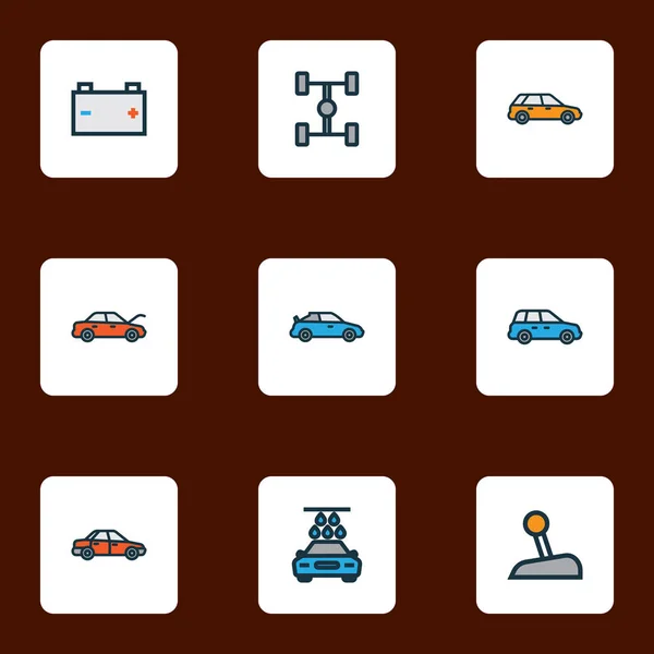 Iconos de automóviles línea de color conjunto con sedán, lavado de coches, crossover y otros elementos de la máquina. Iconos de automóviles de ilustración vectorial aislado . — Vector de stock