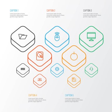 Bilgisayar simgeleri stil mikroişlemci, klavye, klasör ve diğer ekran öğeleri kümesi satır. İzole vektör çizim bilgisayar simgeler.