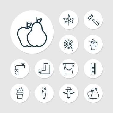 Yaprak, meyve, hortum ve diğer kova öğeleri ile ayarlamak simgeleri Bahçe. Kutsal kişilerin resmi Bahçe izole vektör çizim.