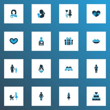 Anneler günü simgesi renkli tasarım konsepti. İlişkiler, Madam ve Hediyelik 16 gibi öğeleri kümesi. Anne, aşk ve bebek için güzel sembolleri.