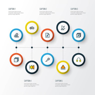 Medya simgeleri renkli çizgi Karaoke, albümleri, manevra kolu ve diğer besteci öğeleri ile ayarla. İzole vektör çizim Medya simgeler.