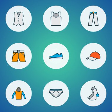 Simgeler renkli çizgi pantolon, singlet, iç çamaşırı ve diğer spor ayakkabı öğeleri ile ayarla elbise. İzole vektör çizim elbise simgeler.
