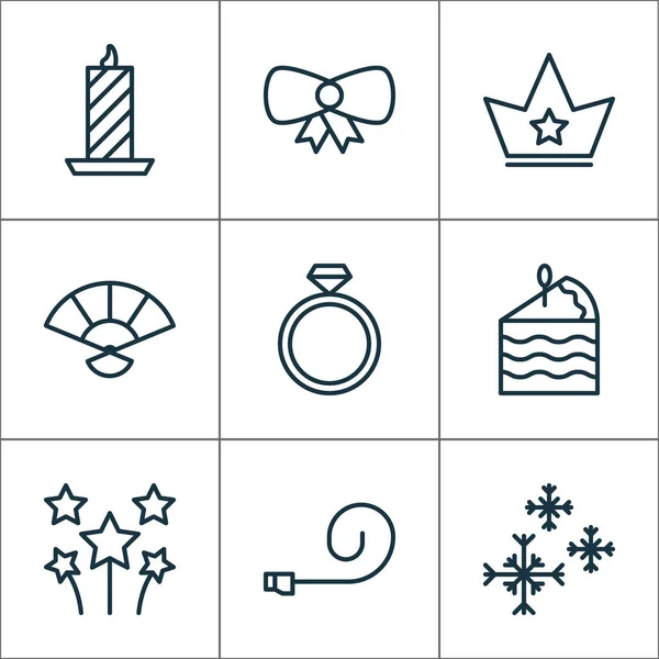 Nuevos iconos con vela, arco, rebanada de pastelería celebran elementos de silbato. Ilustración vectorial aislada nuevos iconos . — Vector de stock