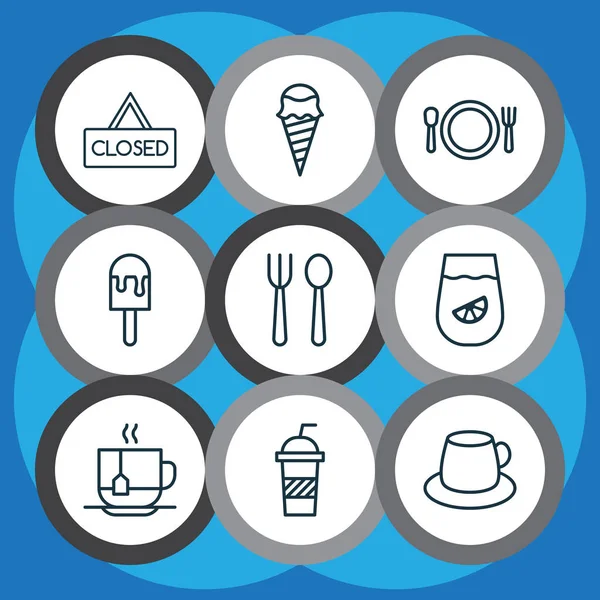 Comer ícones com chá, talheres, refrigerantes e outros elementos de sorvete. Isolado vetor ilustração comer ícones . —  Vetores de Stock