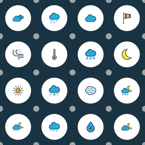 İklim simgeler güneş ışığı, bulutlu gün, yağmur damlası ve rüzgarlı diğer öğeleri ile ayarla satır renkte. İzole vektör çizim iklim simgeler.