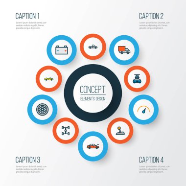 Otomatik simgeler Dingil mesafesi, pil, pistinin ve diğer Bone elemanları ile satır renkte. İzole vektör çizim otomatik simgeler.